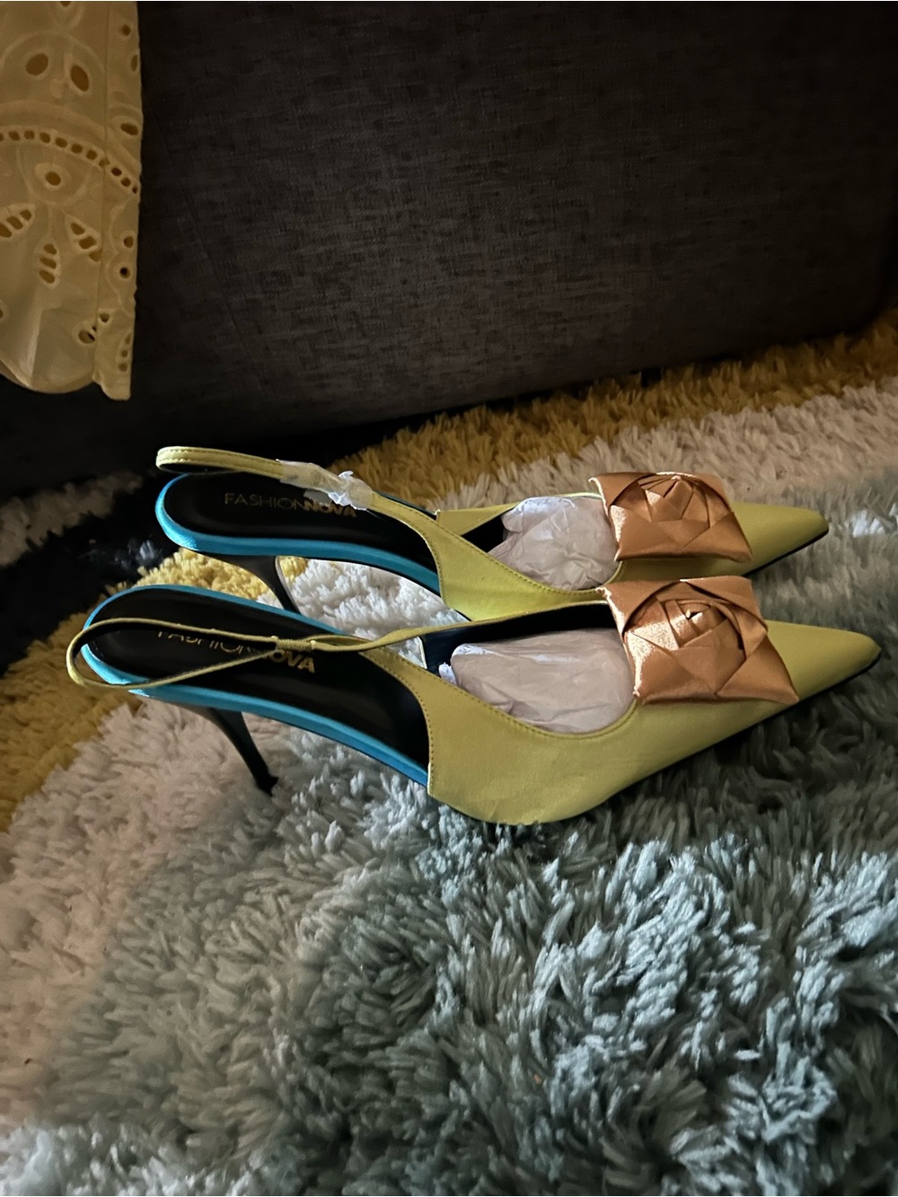 Fashion Nova Lime Green Slingback Pumps with Rose Gold Bow Accent